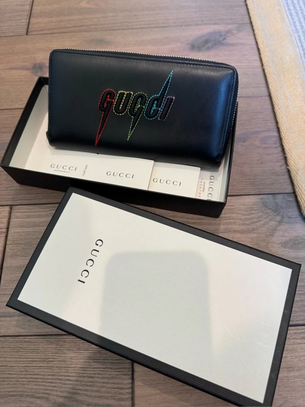Gucci Black Leather Zip-Around Wallet with Rainbow Logo